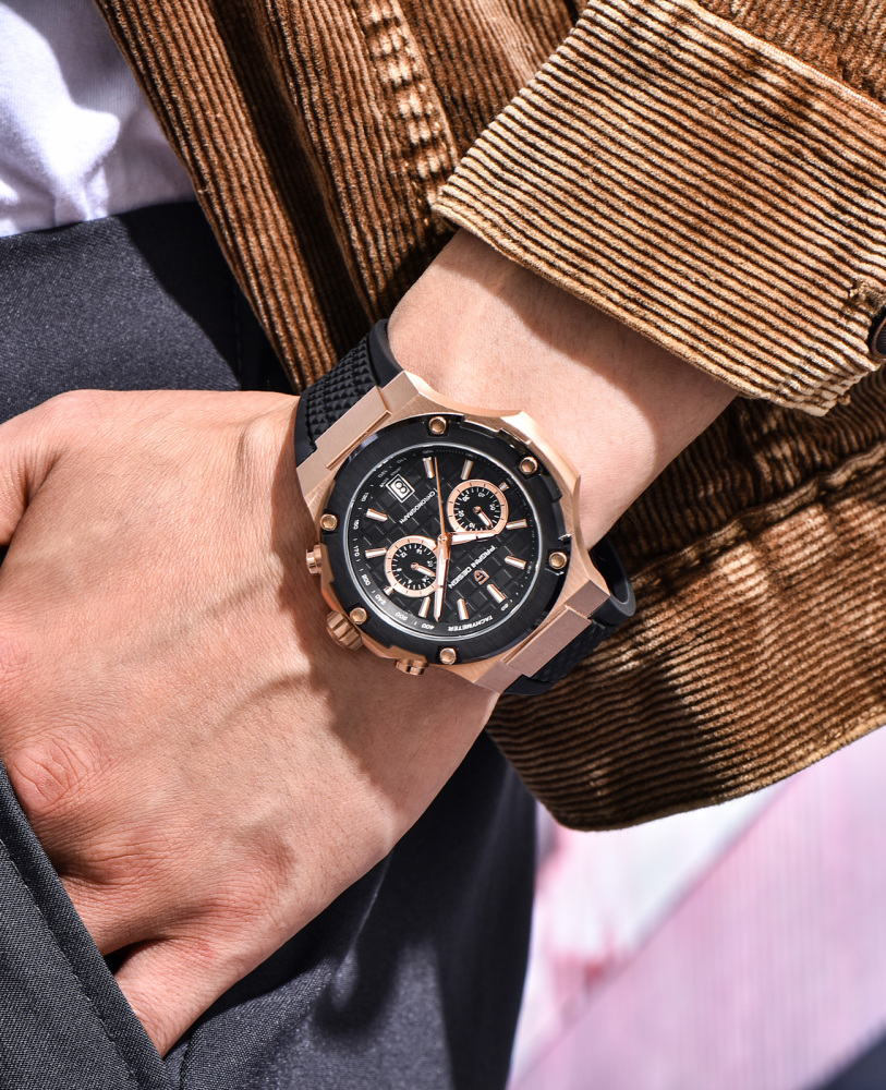 PAGANI DESIGN PD-YS032 Chronograph Quartz Men's Watch 44MM Stainless Steel Sports Wrist Watch for Men, Synthetic Sapphire Dial Glass (AR), Fluororubber Strap