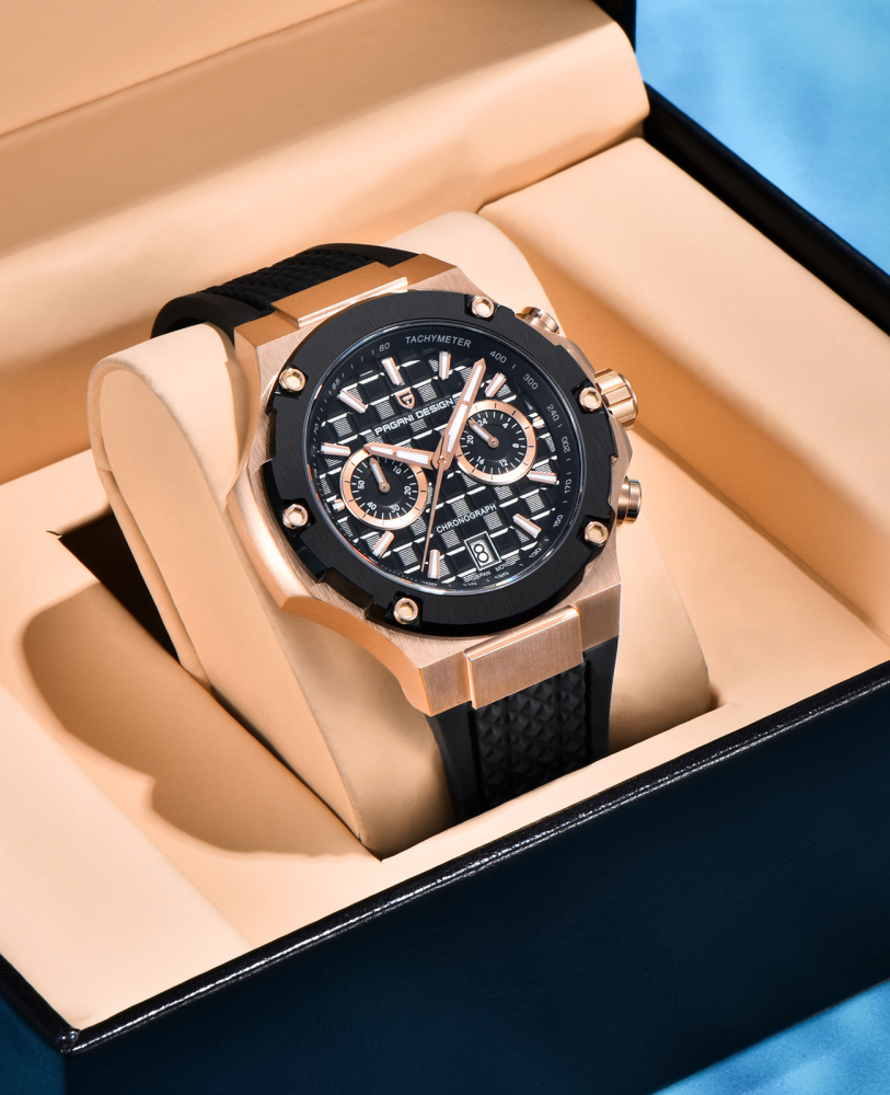 PAGANI DESIGN PD-YS032 Chronograph Quartz Men's Watch 44MM Stainless Steel Sports Wrist Watch for Men, Synthetic Sapphire Dial Glass (AR), Fluororubber Strap