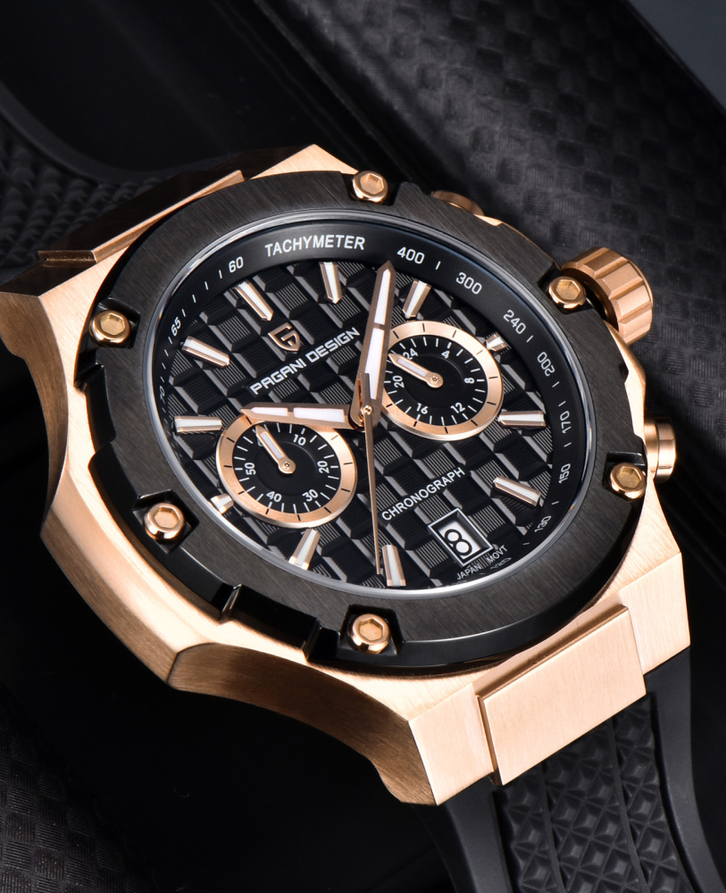 PAGANI DESIGN PD-YS032 Chronograph Quartz Men's Watch 44MM Stainless Steel Sports Wrist Watch for Men, Synthetic Sapphire Dial Glass (AR), Fluororubber Strap