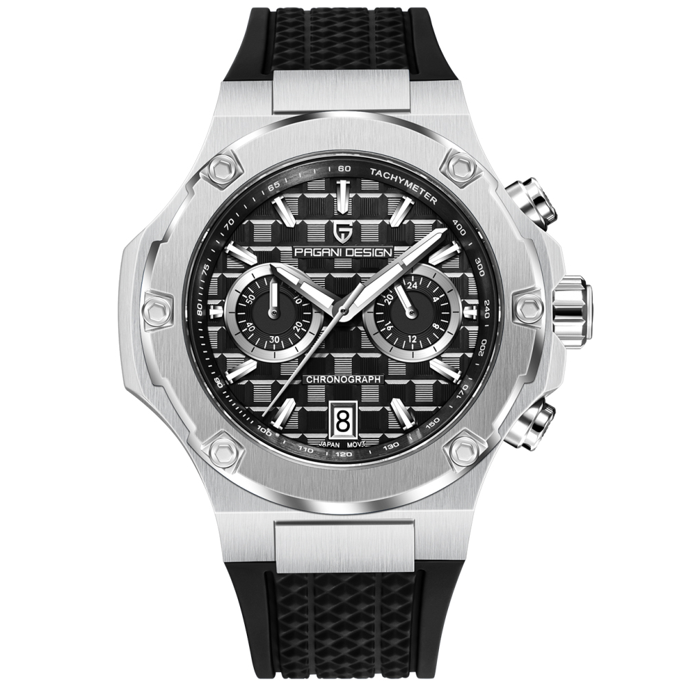 PAGANI DESIGN PD-YS032 Chronograph Quartz Men's Watch 44MM Stainless Steel Sports Wrist Watch for Men, Synthetic Sapphire Dial Glass (AR), Fluororubber Strap