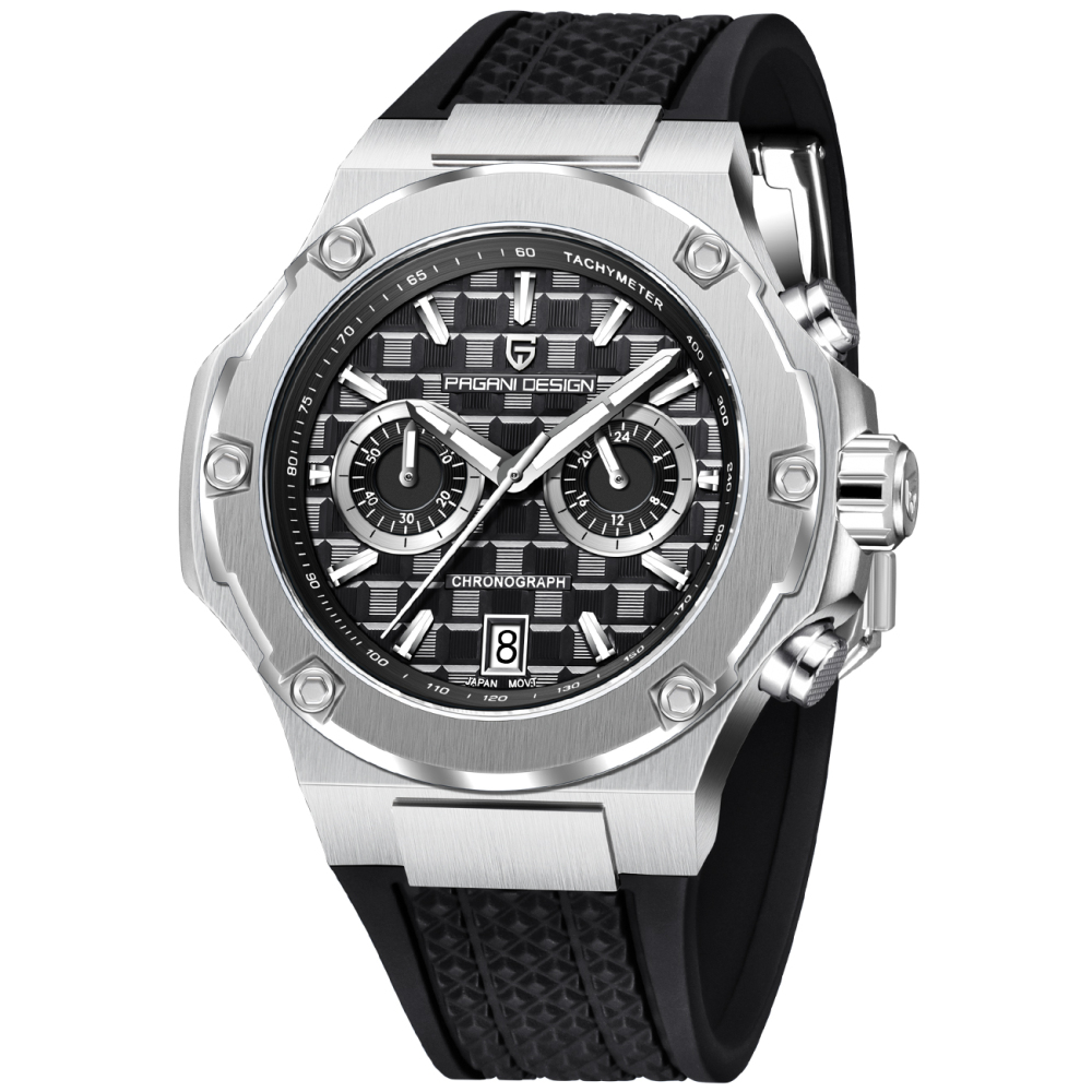 PAGANI DESIGN PD-YS032 Chronograph Quartz Men's Watch 44MM Stainless Steel Sports Wrist Watch for Men, Synthetic Sapphire Dial Glass (AR), Fluororubber Strap, Auto Date