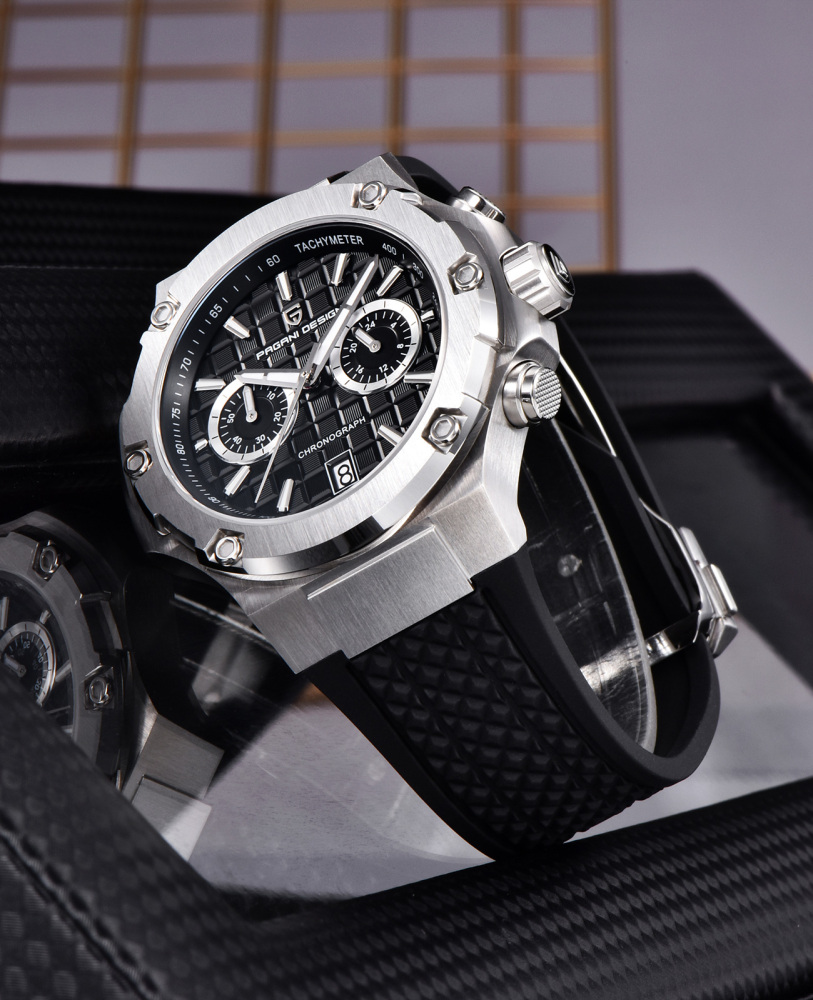 PAGANI DESIGN PD-YS032 Chronograph Quartz Men's Watch 44MM Stainless Steel Sports Wrist Watch for Men, Synthetic Sapphire Dial Glass (AR), Fluororubber Strap
