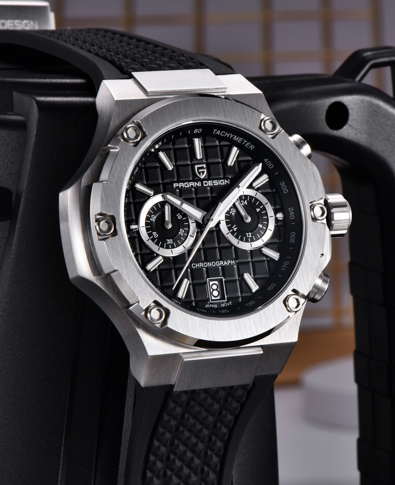 PAGANI DESIGN PD-YS032 Chronograph Quartz Men's Watch 44MM Stainless Steel Sports Wrist Watch for Men, Synthetic Sapphire Dial Glass (AR), Fluororubber Strap