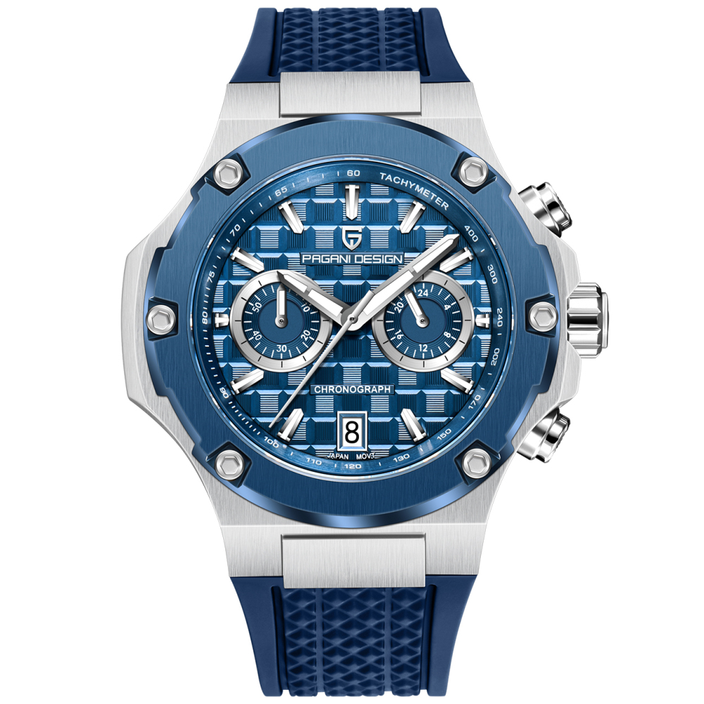 PAGANI DESIGN PD-YS032 Chronograph Quartz Men's Watch 44MM Stainless Steel Sports Wrist Watch for Men, Synthetic Sapphire Dial Glass (AR), Fluororubber Strap