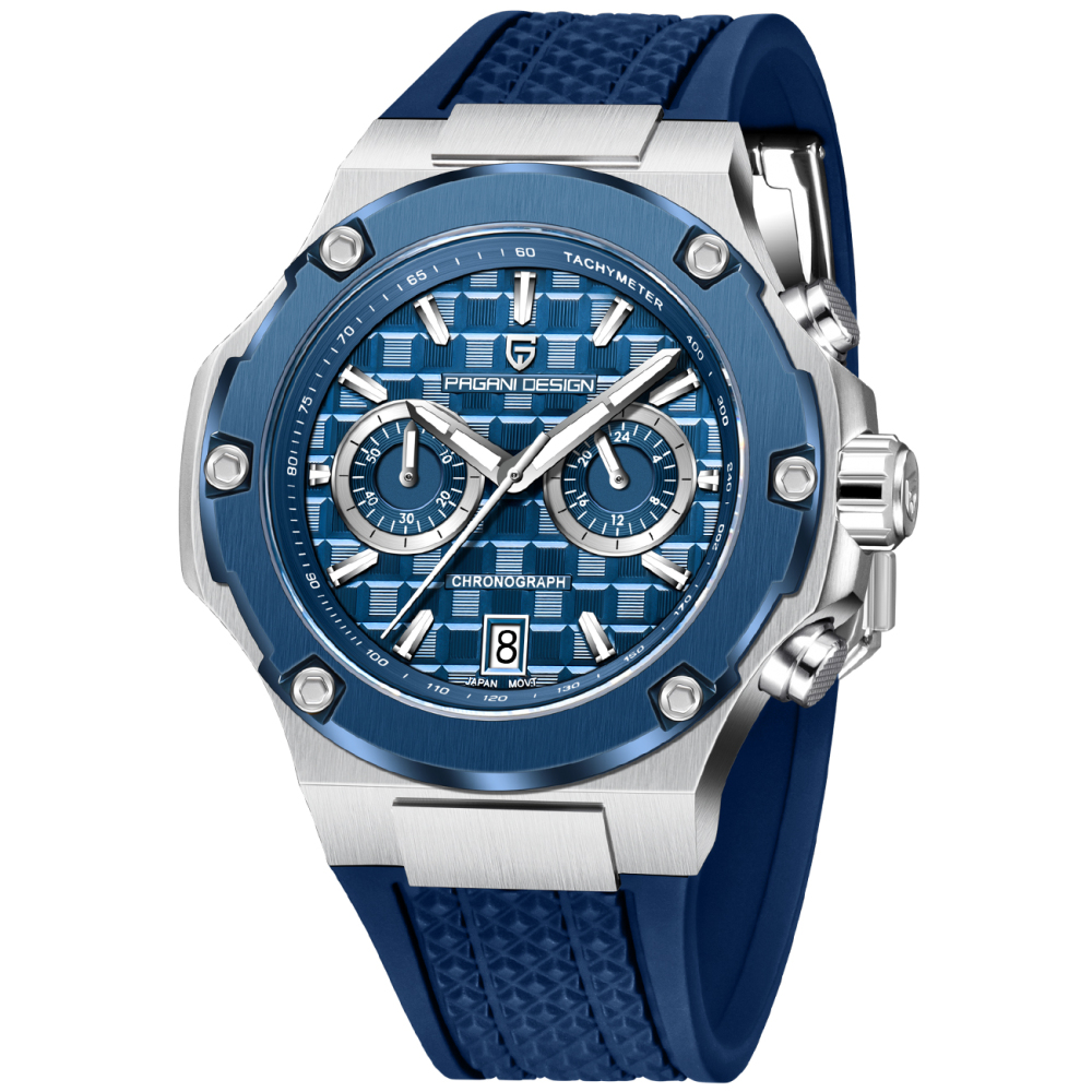 PAGANI DESIGN PD-YS032 Chronograph Quartz Men's Watch 44MM Stainless Steel Sports Wrist Watch for Men, Synthetic Sapphire Dial Glass (AR), Fluororubber Strap, Auto Date