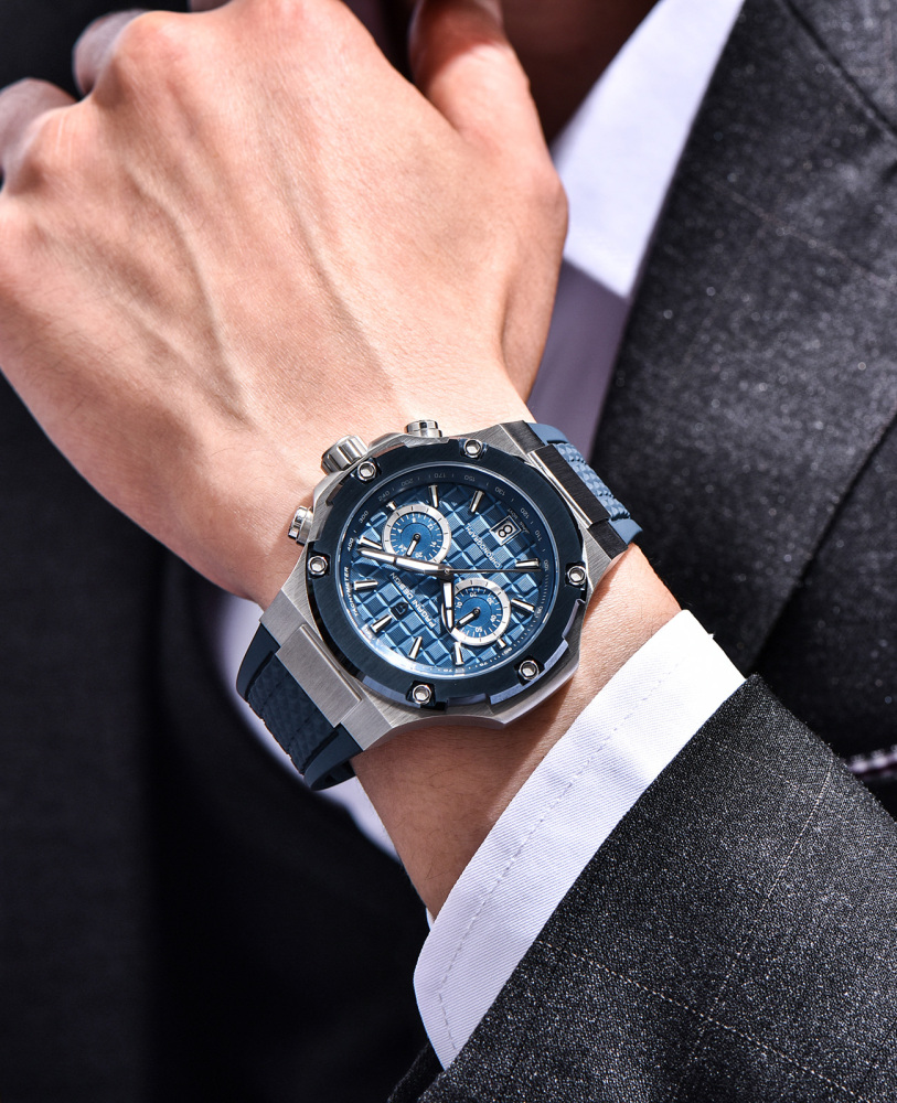 PAGANI DESIGN PD-YS032 Chronograph Quartz Men's Watch 44MM Stainless Steel Sports Wrist Watch for Men, Synthetic Sapphire Dial Glass (AR), Fluororubber Strap