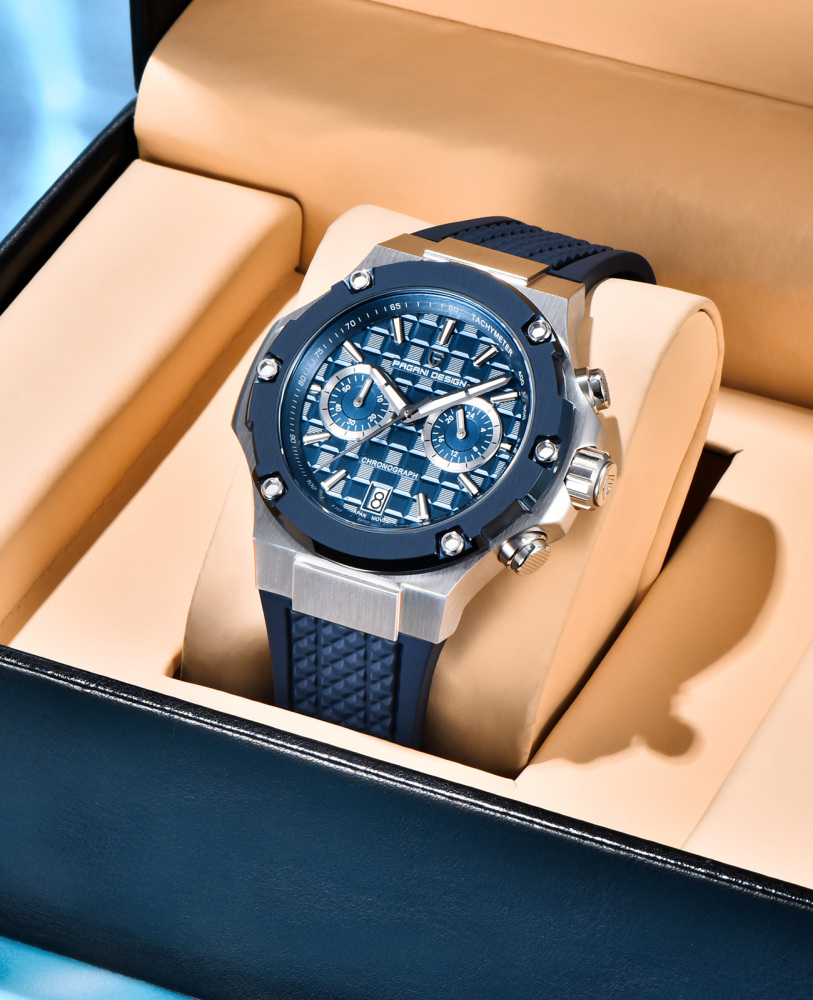 PAGANI DESIGN PD-YS032 Chronograph Quartz Men's Watch 44MM Stainless Steel Sports Wrist Watch for Men, Synthetic Sapphire Dial Glass (AR), Fluororubber Strap