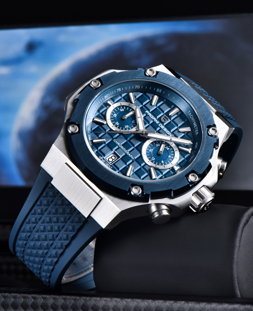 PAGANI DESIGN PD-YS032 Chronograph Quartz Men's Watch 44MM Stainless Steel Sports Wrist Watch for Men, Synthetic Sapphire Dial Glass (AR), Fluororubber Strap