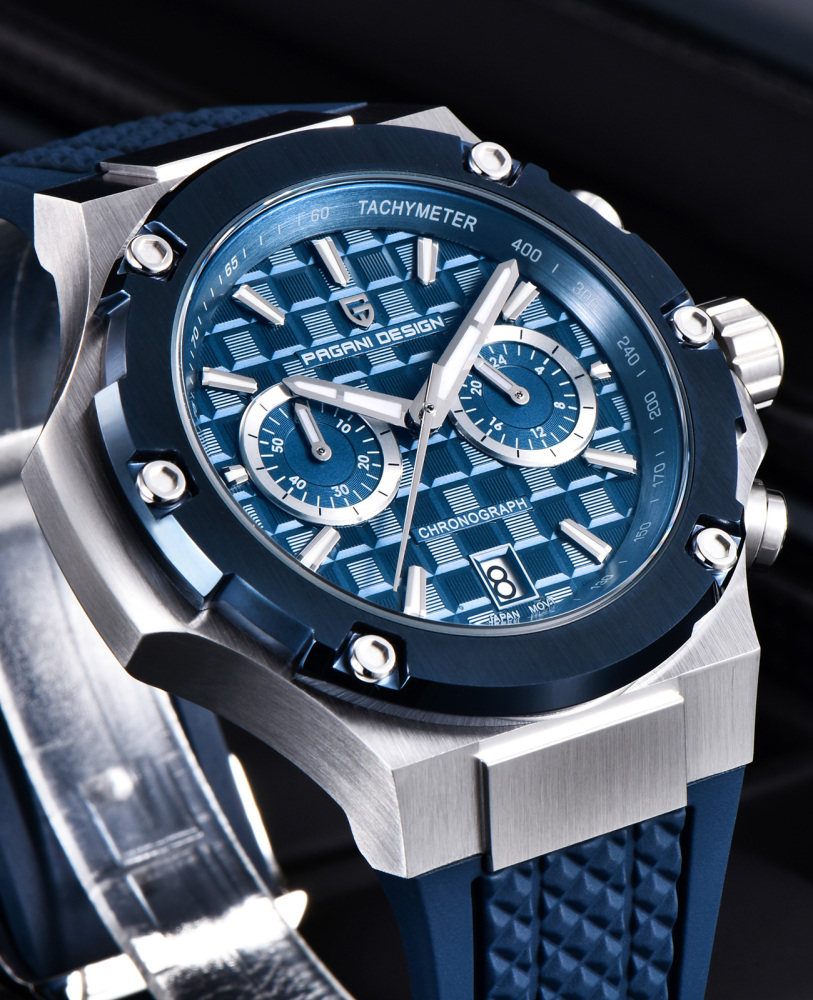 PAGANI DESIGN PD-YS032 Chronograph Quartz Men's Watch 44MM Stainless Steel Sports Wrist Watch for Men, Synthetic Sapphire Dial Glass (AR), Fluororubber Strap
