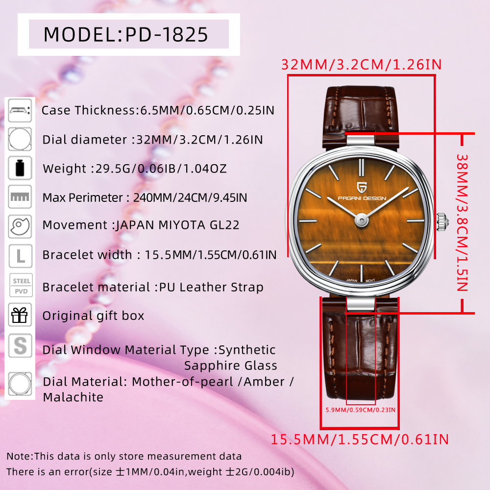PAGANI DESIGN New Women's Watch 32mm Stainless Steel Quartz Watch for Woman, 50M Waterproof, Leather Watchband