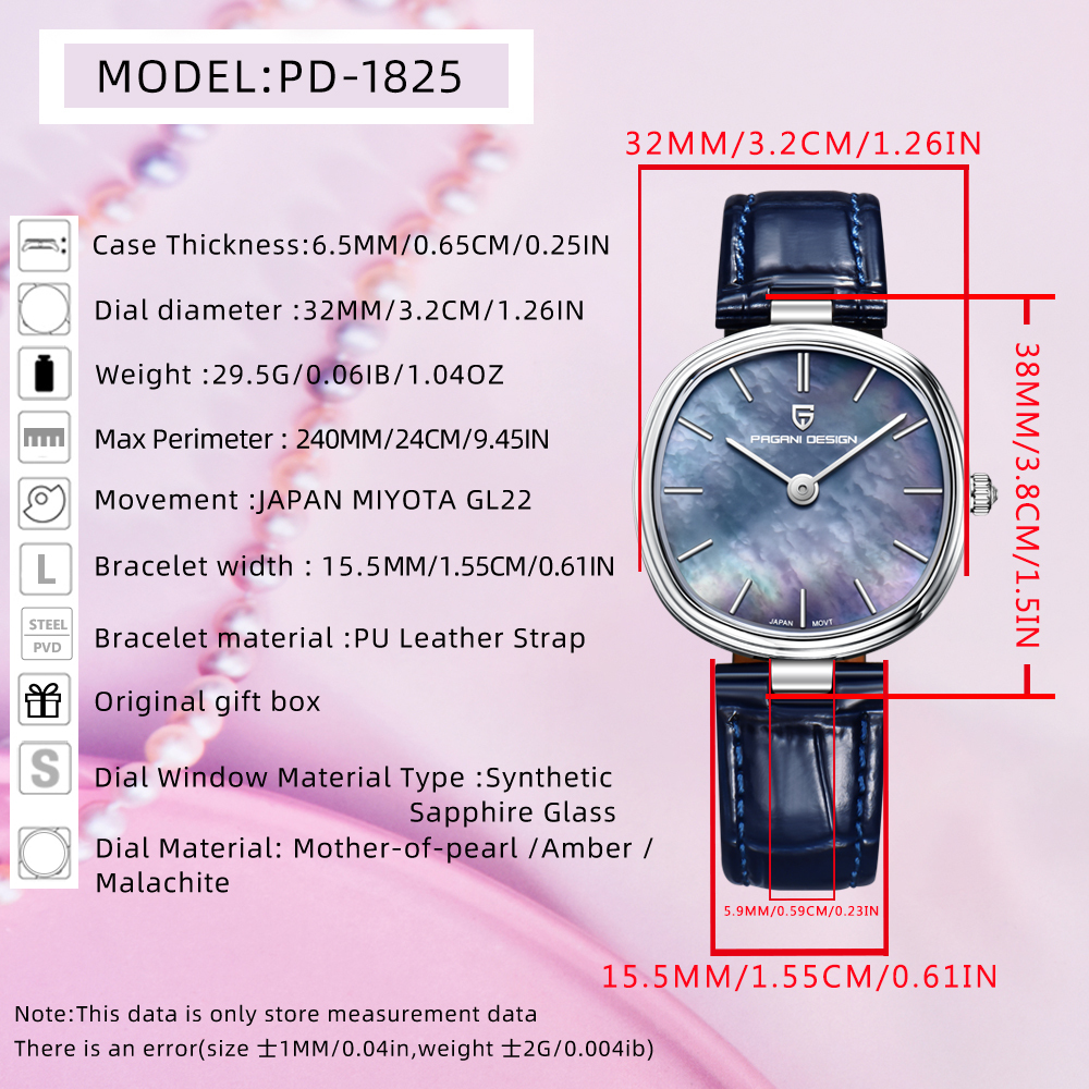 PAGANI DESIGN New Women's Watch 32mm Stainless Steel Quartz Watch for Woman, 50M Waterproof, Leather Watchband
