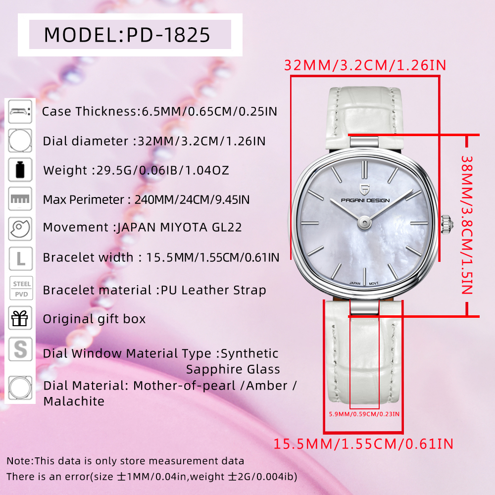PAGANI DESIGN New Women's Watch 32mm Stainless Steel Quartz Watch for Woman, 50M Waterproof, Leather Watchband