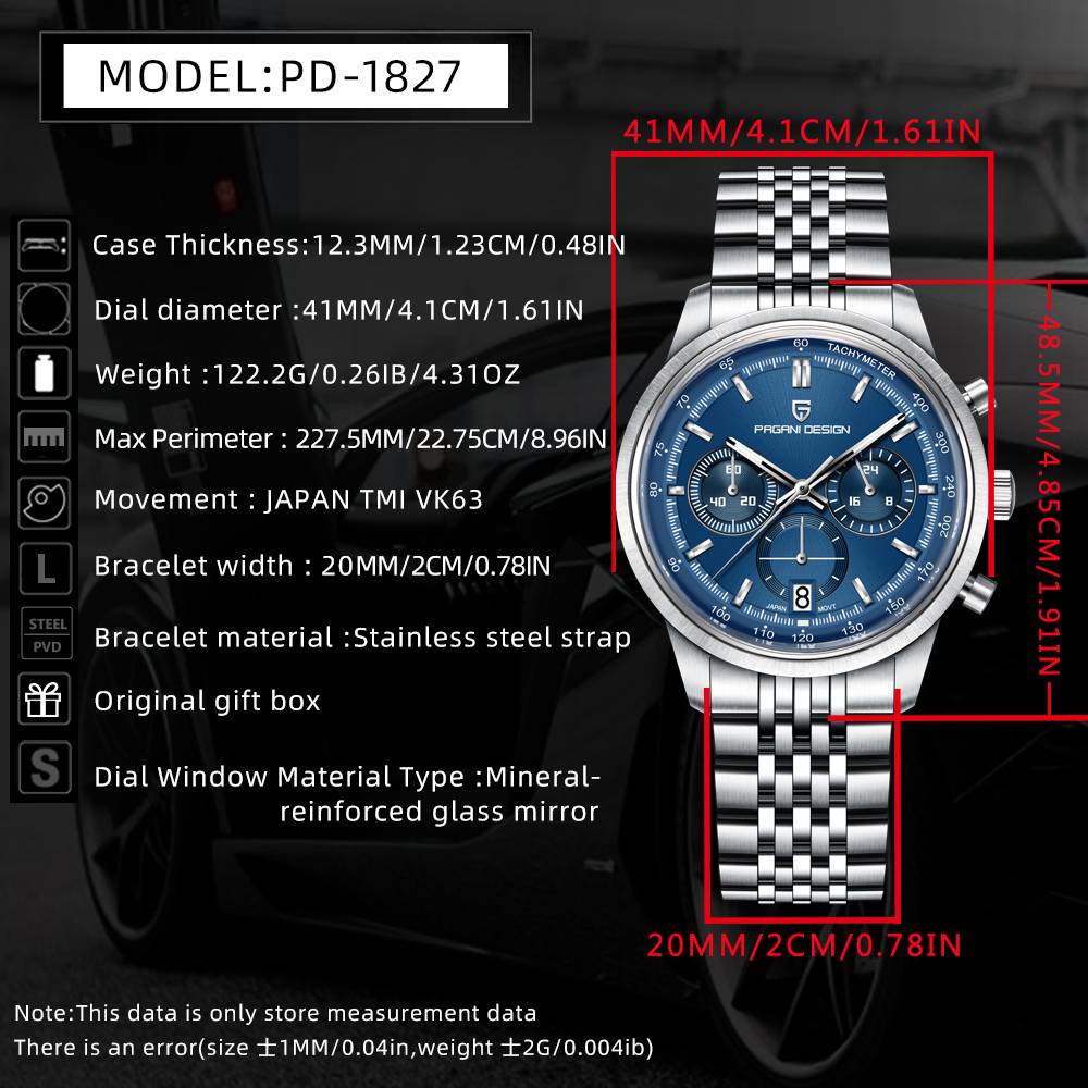 PAGANI DESIGN PD-1827 New Men's Chronograph Quartz Watch full Stainless Steel 100M Waterproof Sports Wrist Watch for Men