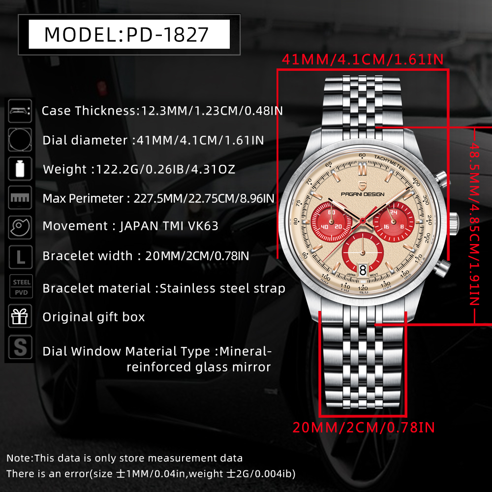 PAGANI DESIGN PD-1827 New Men's Chronograph Quartz Watch full Stainless Steel 100M Waterproof Sports Wrist Watch for Men