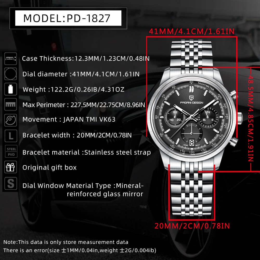 PAGANI DESIGN PD-1827 New Men's Chronograph Quartz Watch full Stainless Steel 100M Waterproof Sports Wrist Watch for Men