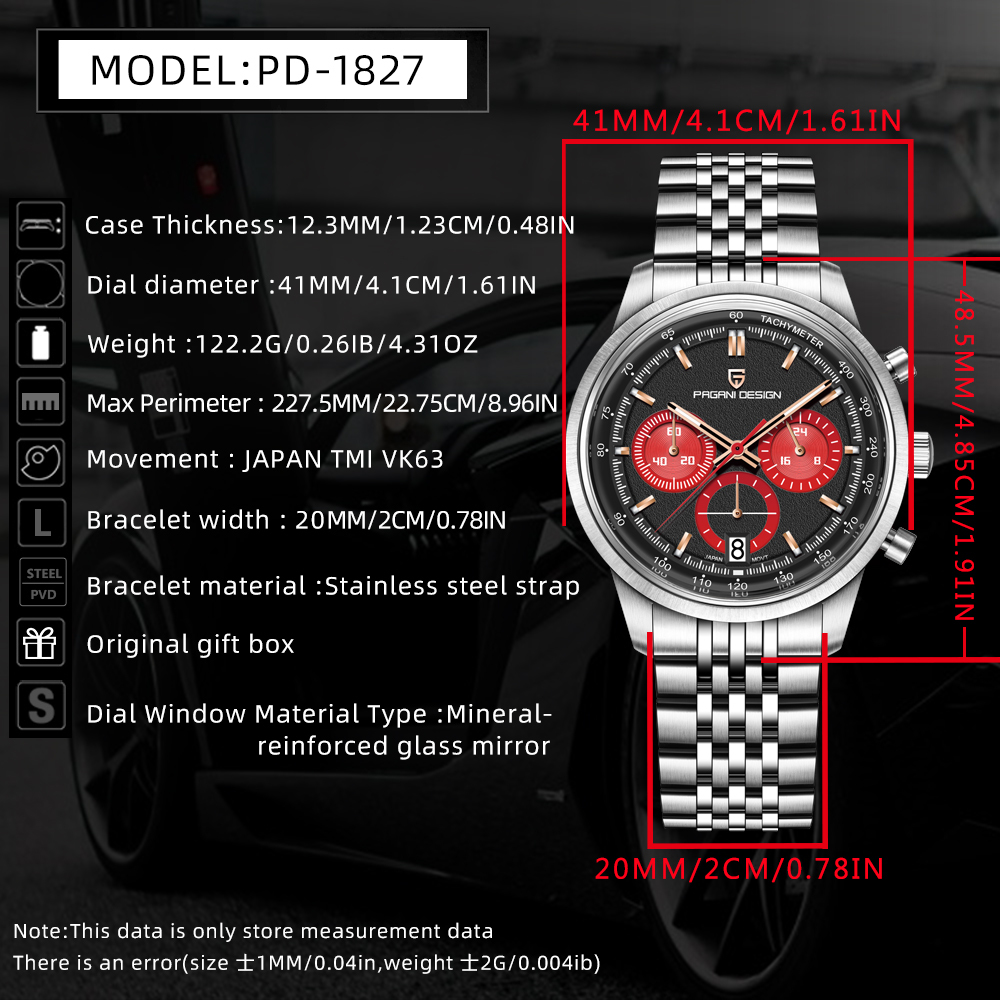PAGANI DESIGN PD-1827 New Men's Chronograph Quartz Watch full Stainless Steel 100M Waterproof Sports Wrist Watch for Men