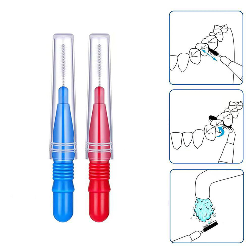 Dental Plastic Interdental Brush Floss Sticks Tooth Head Oral Hygiene Red/Blue 50 Pcs