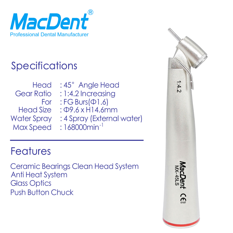 MacDent MX-45LS 1:4.2 Dental Fiber Optic 45° Surgical Contra Angle Handpiece