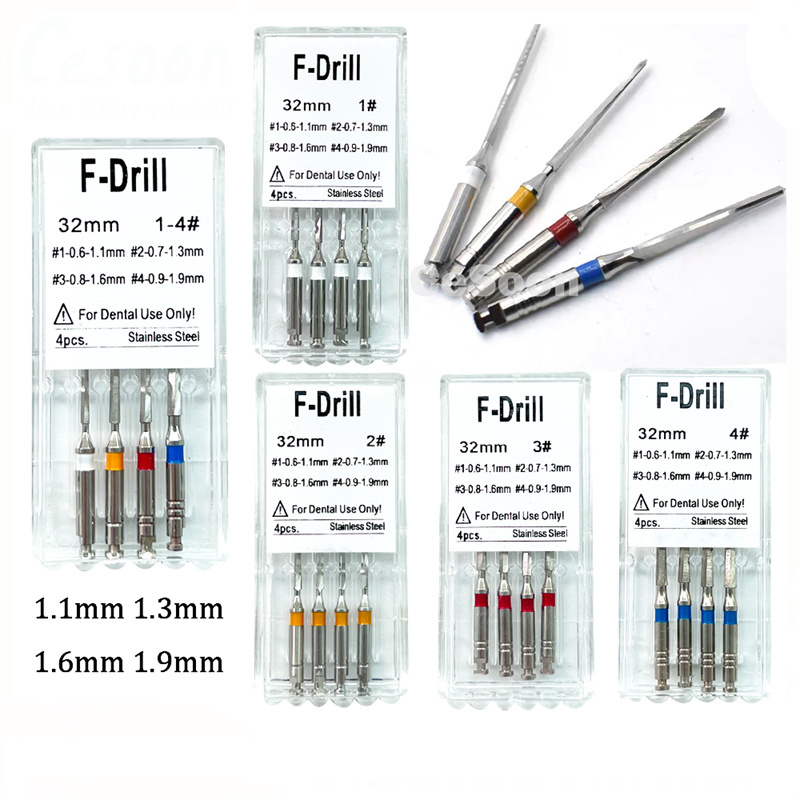 4 /PK Dental Endo Root Canal Fiber Post Drills Stainless Steel 1.1/1.3/1.6/1.9mm