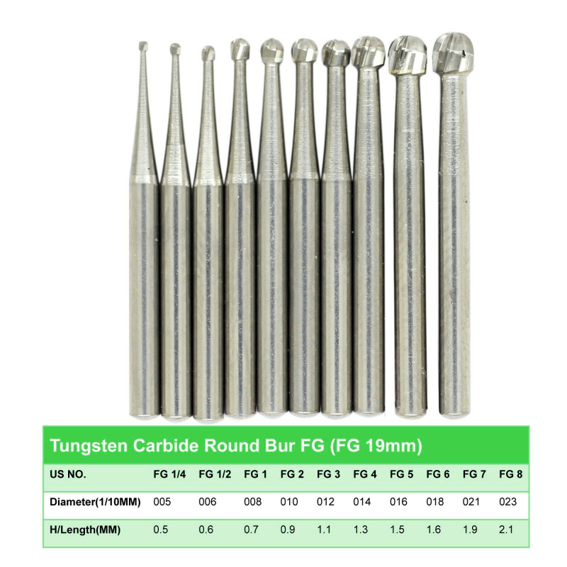 DMX-DENTAL Dental Carbide Burs Round Ball FG1/4 / 1/2 / 1 / 2 / 3 / 4 / 5 6 / 7 / 8 for High Speed Handpiece