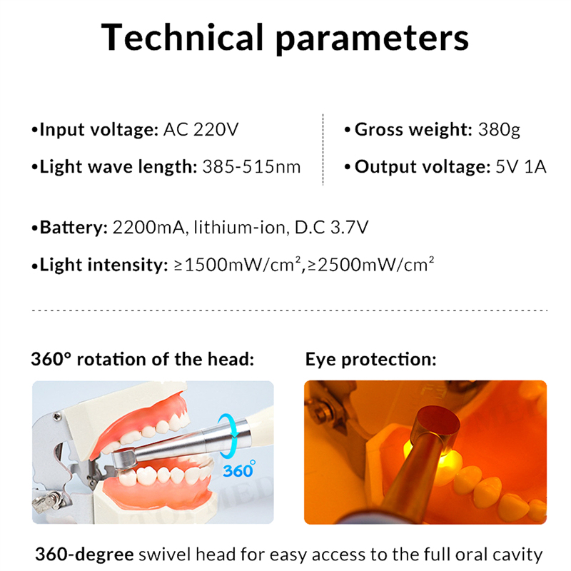 Dental 1 Second Curing Light LED Curing Lamp 360° Swivel Head 2500mw/cm²
