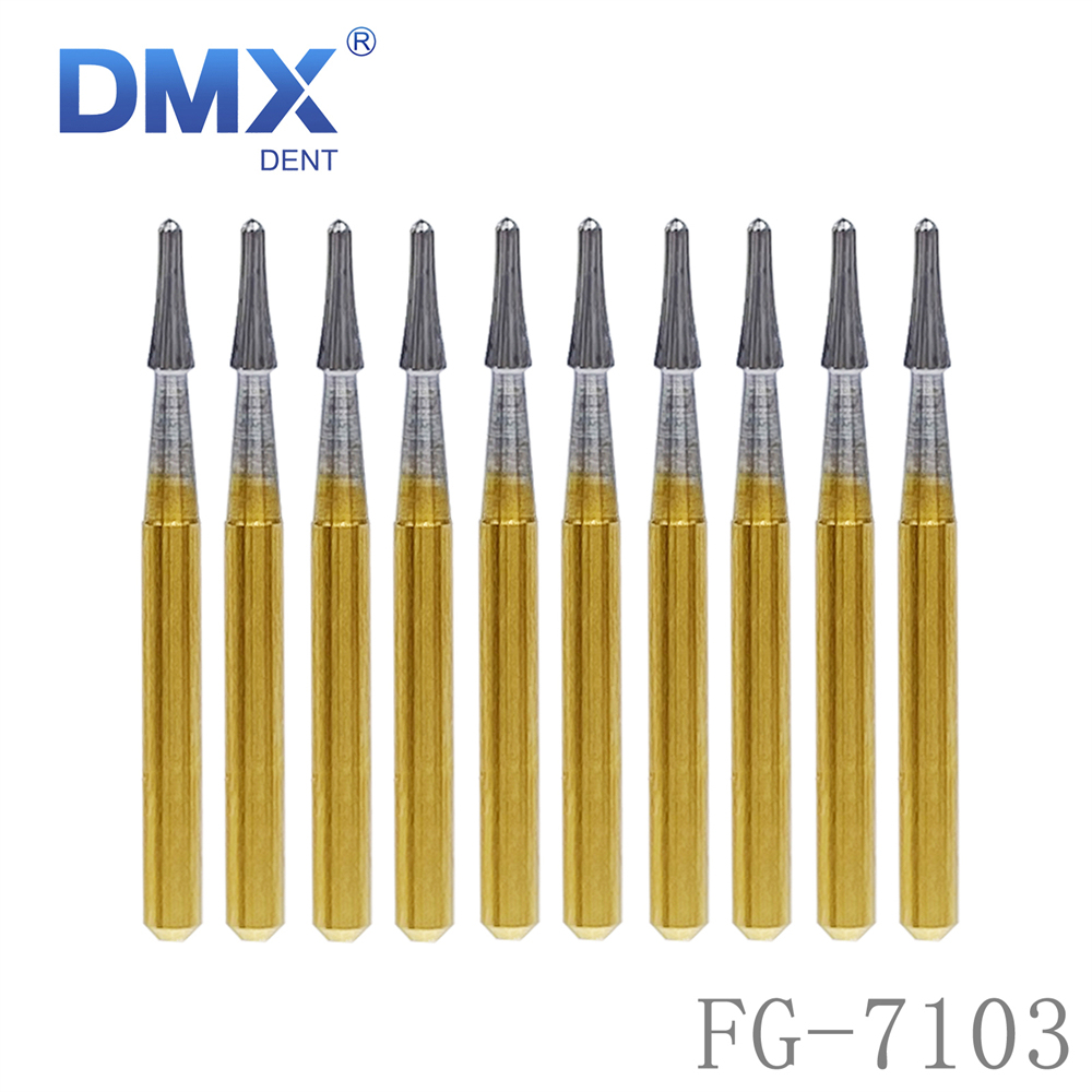 10Pcs DMXDENT Dental Tungsten Carbide Burs FG Gold Trimming & Finishing FG-7103