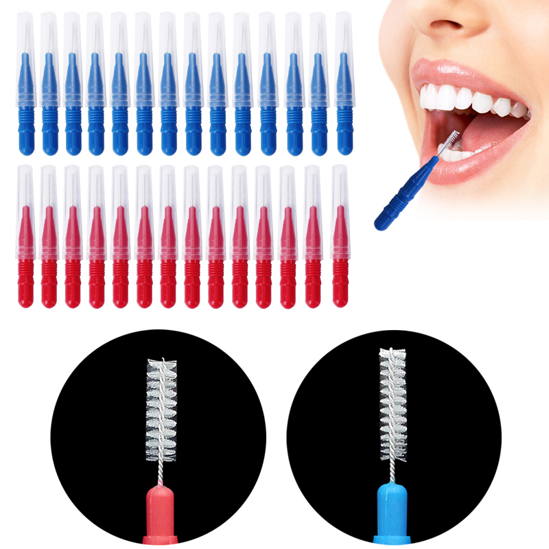 Dental Plastic Interdental Brush Floss Sticks Tooth Head Oral Hygiene Red/Blue 50 Pcs