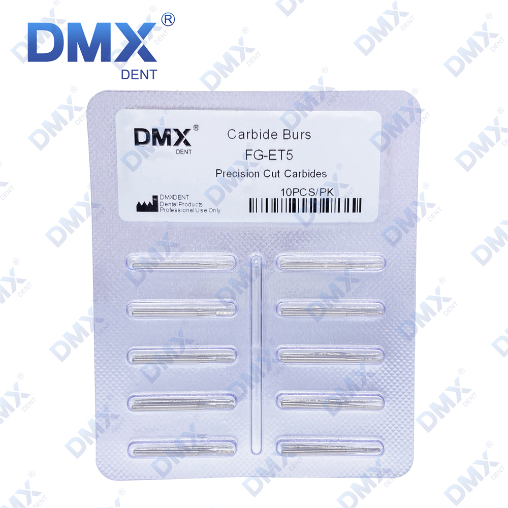 10Pcs DMXDENT Dental Tungsten Carbide Burs Trimming & Finishing Safe End Taper FG ET5