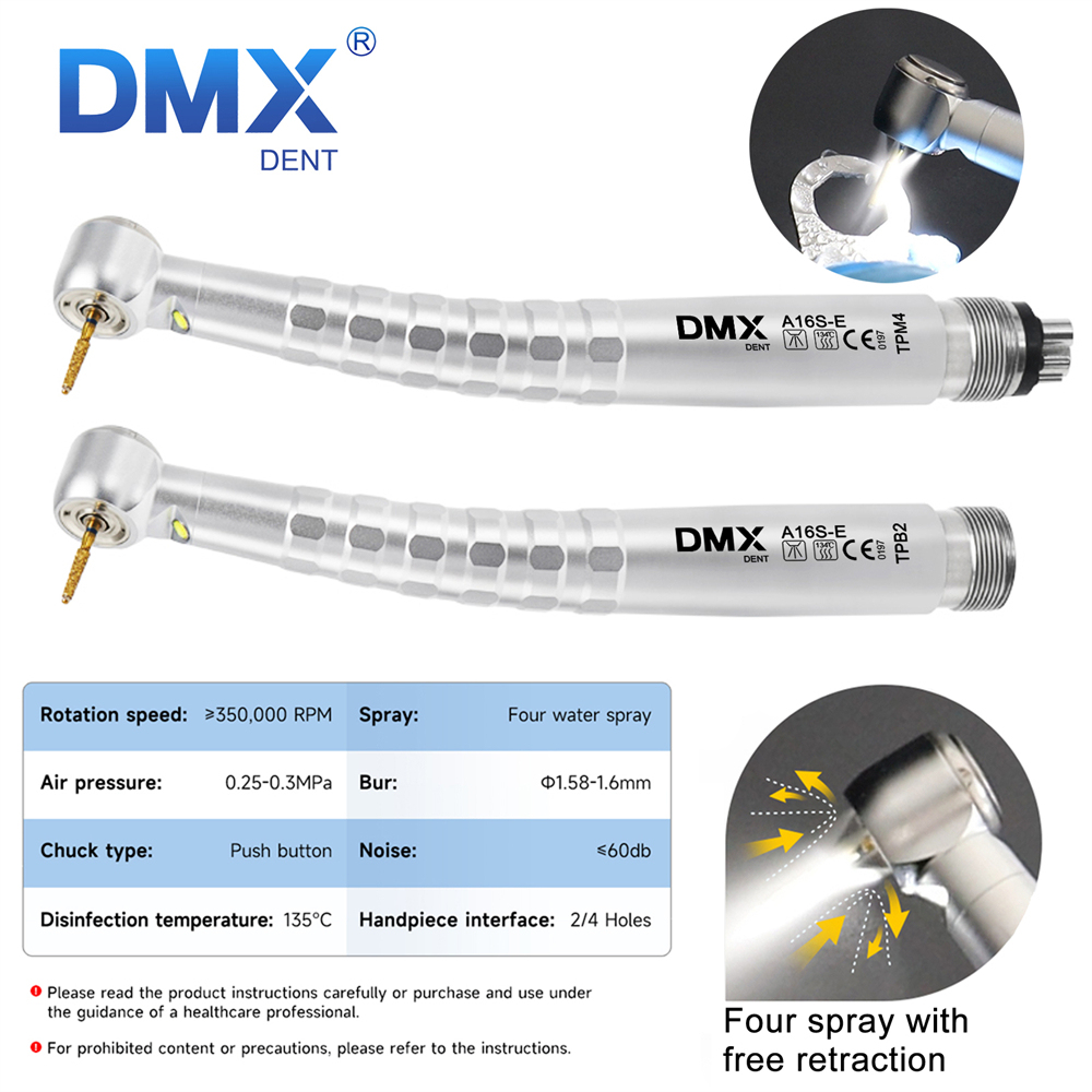 DMXDENT A16S-E Dental LED E-generator High Speed  Air Turbine Handpiece Free Retraction 4 Water Spray 2/4 Holes