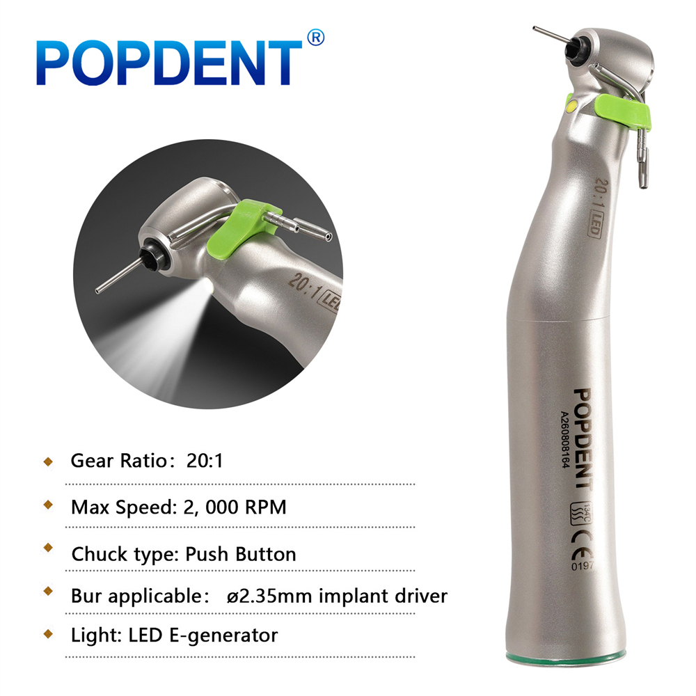 POPDENT Dental 20:1 Implant Handpiece E-generator LED Contra Angle Fit Surgical Implant Motor