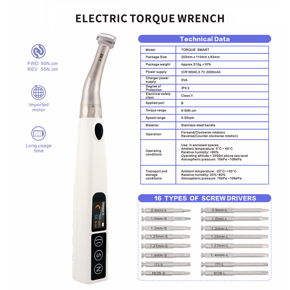 Dental Implant Electric Torque Wrench 20:1 Contra Angle Handpiece Wireless