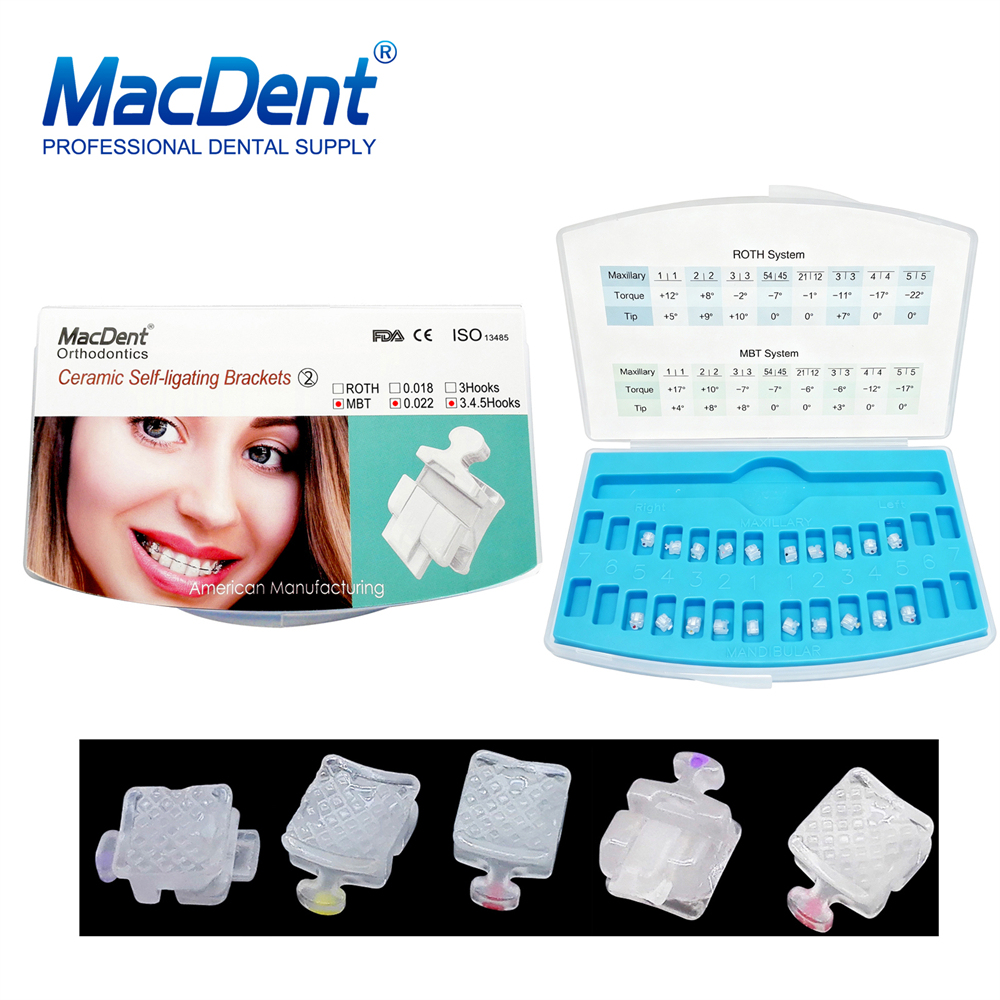 MacDent Dental Orthodontic Ceramic Self Ligating Brackets Clear MBT/ROTH 022 Hooks 345