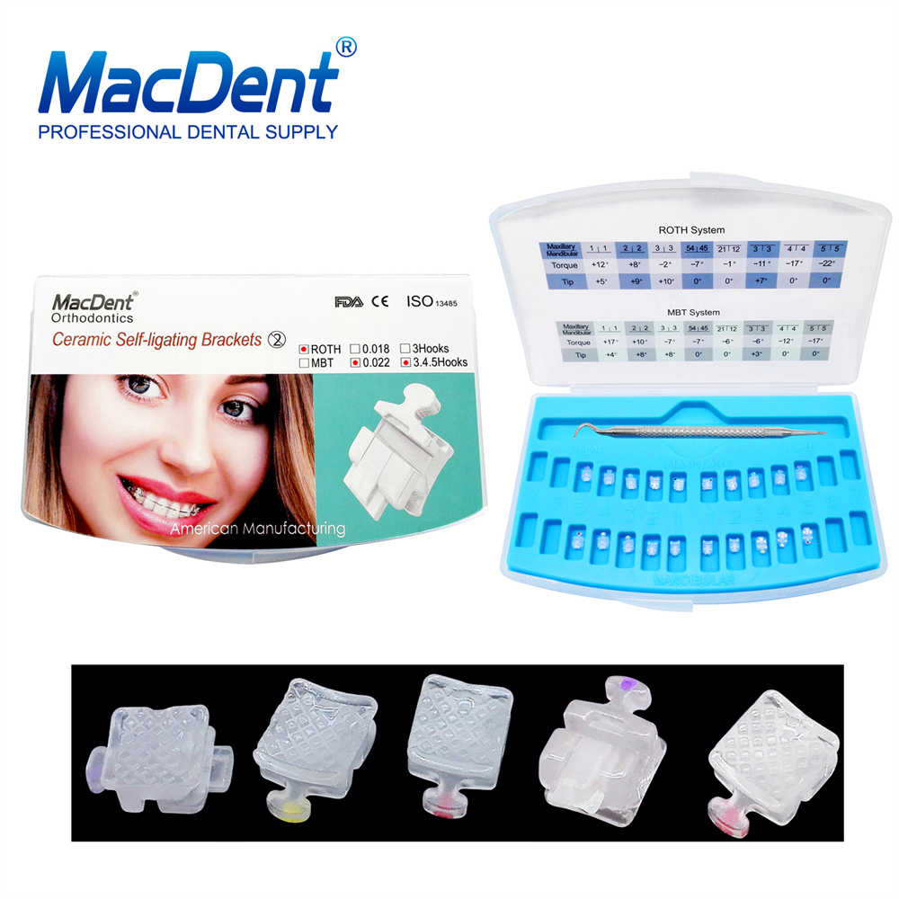 MacDent Dental Orthodontic Ceramic Self Ligating Brackets Clear MBT/ROTH 022 Hooks 345