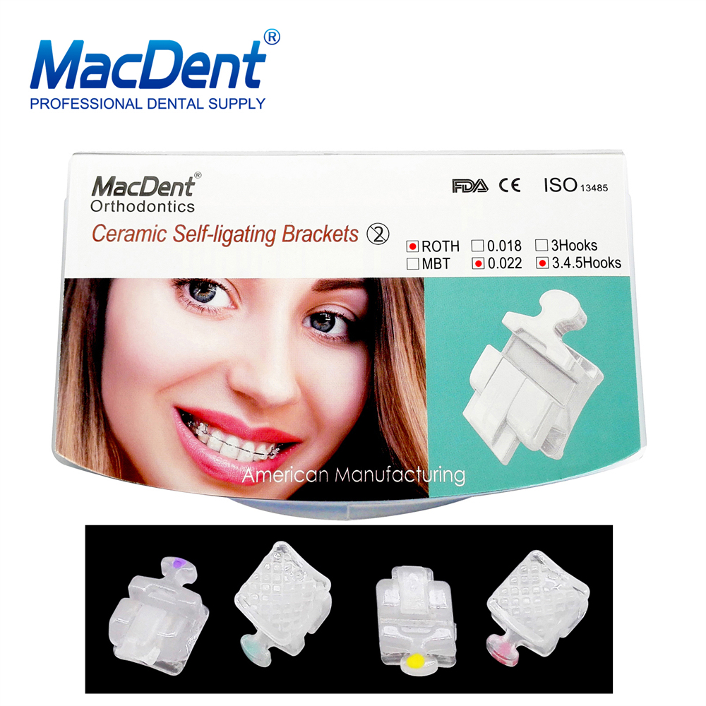 MacDent Dental Orthodontic Ceramic Self Ligating Brackets Clear MBT/ROTH 022 Hooks 345