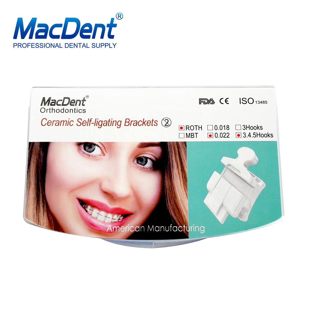 MacDent Dental Orthodontic Ceramic Self Ligating Brackets Clear MBT/ROTH 022 Hooks 345