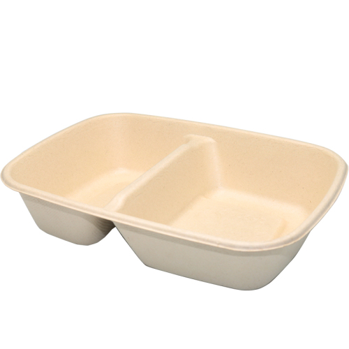 Bagasse Rectangle Container 900ml 2section with PET Lid 1X300