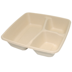 Bagasse Square Container 48oz 3 section with PET Lid 1x300PCS