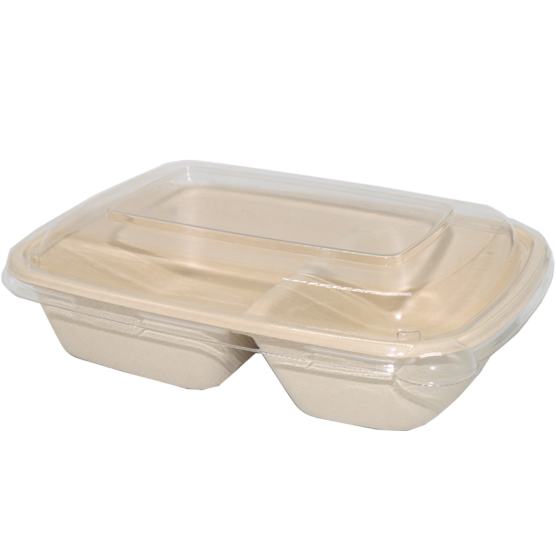 Bagasse Rectangle Container 900ml 2section with PET Lid 1X300