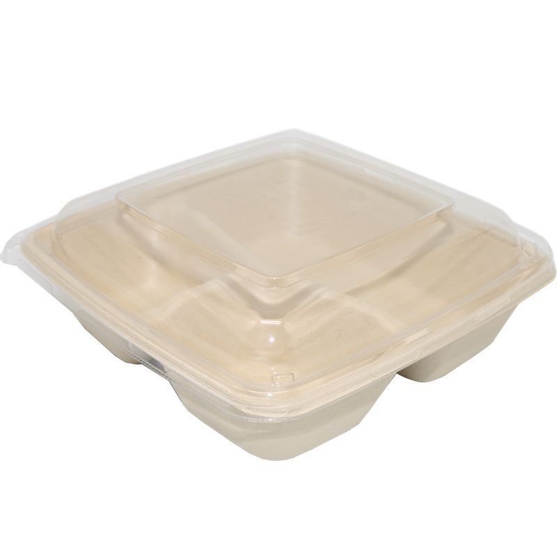 Bagasse Square Container 48oz 3 section with PET Lid 1x300PCS
