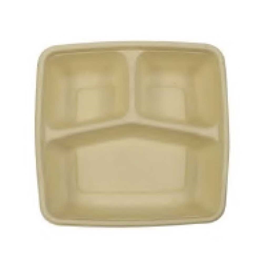 Bagasse Square Container 1000ml 3 Section With PET Lid 1x300pcs