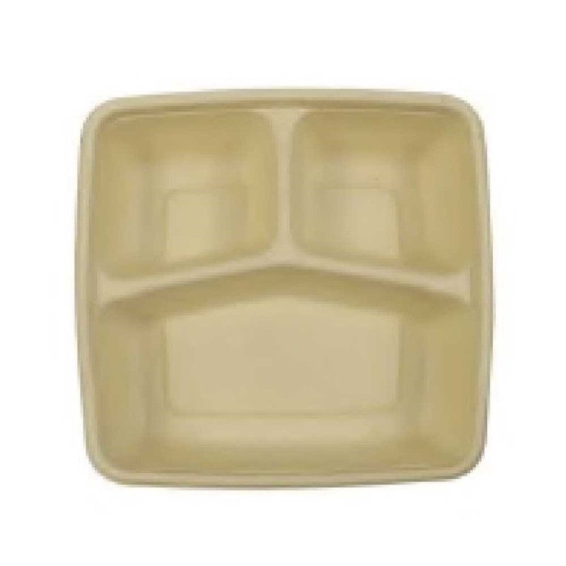 Bagasse Square Container 1000ml 3 Section With PET Lid 1x300pcs
