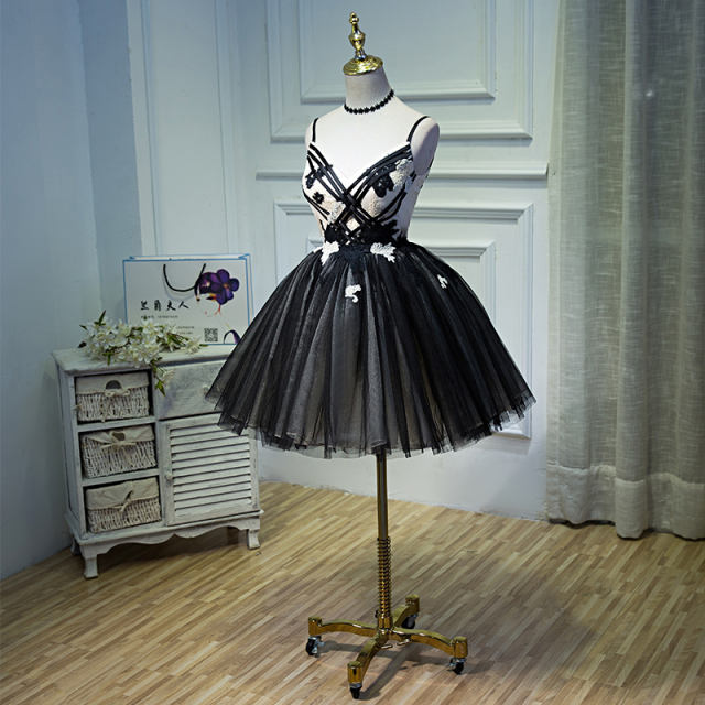 Black Short Prom Dresses Plus Size Knee Length Vestidos De Festa Puffy Spaghetti Sweetheart Lace Party Cocktail Dress 2022 CZ01