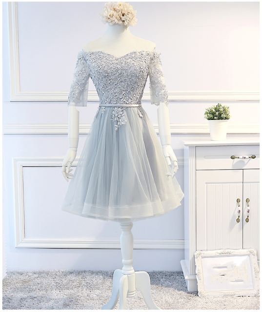 Lace Tulle  Short Style Silver Bridesmaid Dresses BZ15