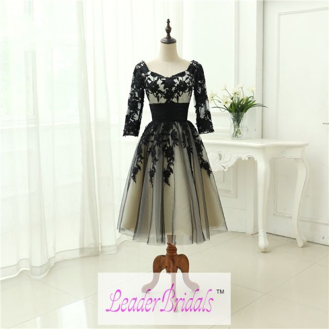 Beach Wedding Gowns Black / Champagne Lace Tulle Half Sleeve Sweetheart Tea Length Wedding Dresses Vestido De Noiva  WZS01