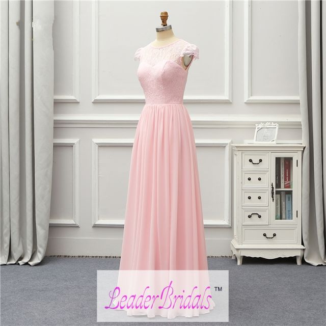Formal Evening Dress 2022 Pink Short Sleeves Lace Chiffon Party Gown Robe De Soiree Vestido De Festa EZE10