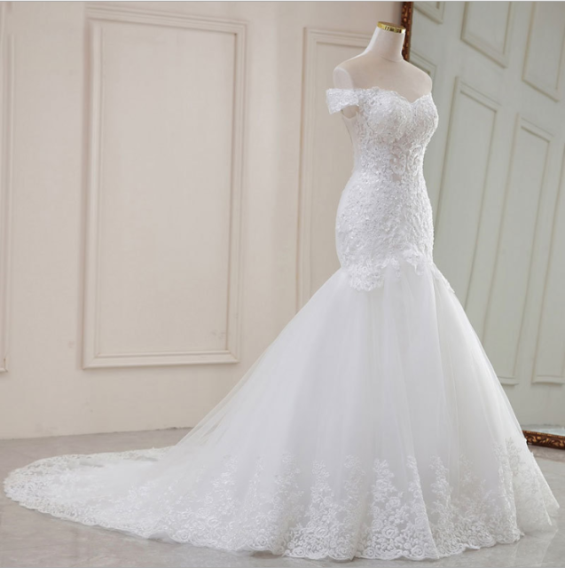 Short Sleeve Wedding Gown Bride Vestido De Noiva White Lace Mermaid Wedding Dress 2022032105