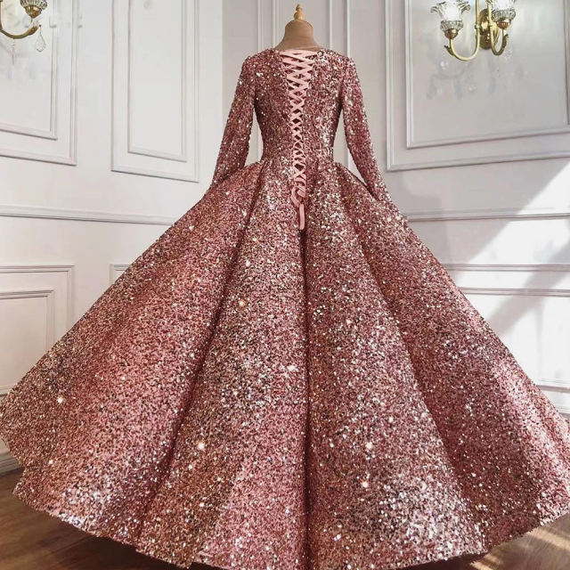 Elegant Pink Muslim A-Line Sequined Wedding Dresses C2326