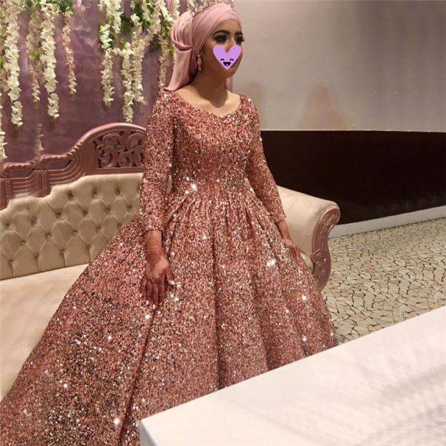 Elegant Pink Muslim A-Line Sequined Wedding Dresses C2326
