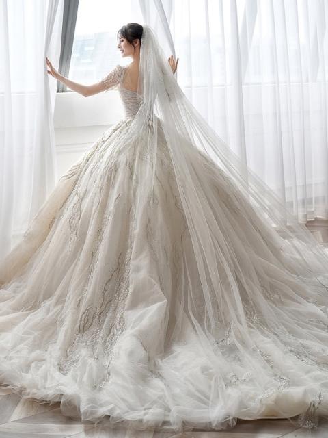 Latest Women Tulle Beading Sequined Half Sleeve Ball Gown Bridal Gown Wedding Dress C2327