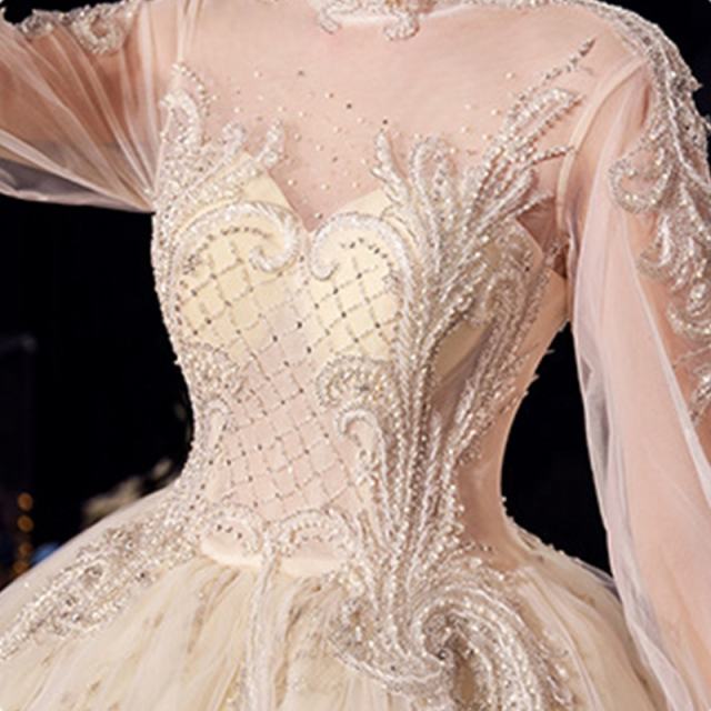 High quality illusion bridal temperament french hepburn long-sleeved master garden wedding dress C2401